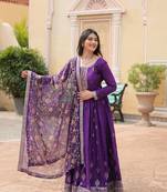Purple chinon fabric wedding ceremonial wear graceful zari embroidery work girlie gown with dupatta