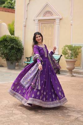 Purple chinon wedding ceremonial wear graceful zari embroidery gown with dupatta 3