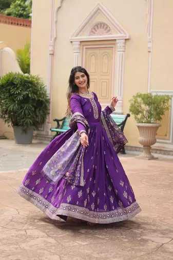 Purple chinon wedding ceremonial wear graceful zari embroidery gown with dupatta