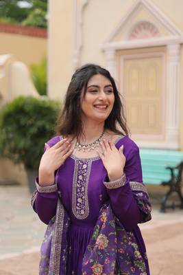 Purple chinon wedding ceremonial wear graceful zari embroidery gown with dupatta 4