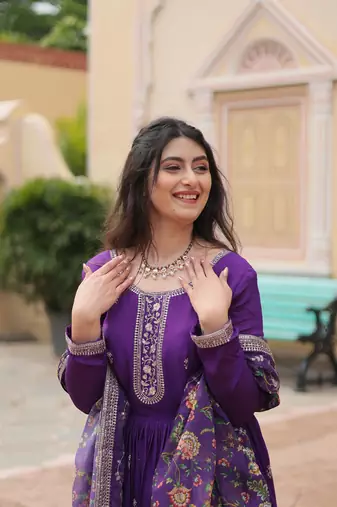 Purple chinon wedding ceremonial wear graceful zari embroidery gown with dupatta