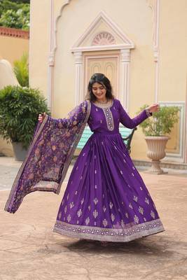 Purple chinon wedding ceremonial wear graceful zari embroidery gown with dupatta 5