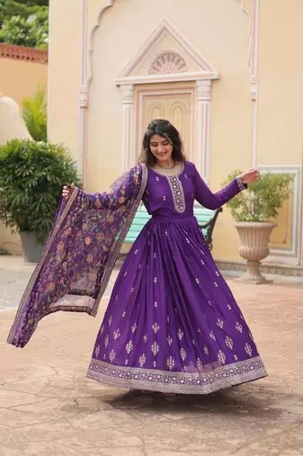 Purple chinon wedding ceremonial wear graceful zari embroidery gown with dupatta