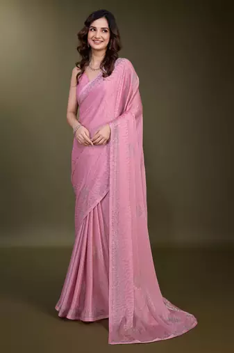  Satin Chiffon swarovski Work Saree With Unstitch Blouse Piece