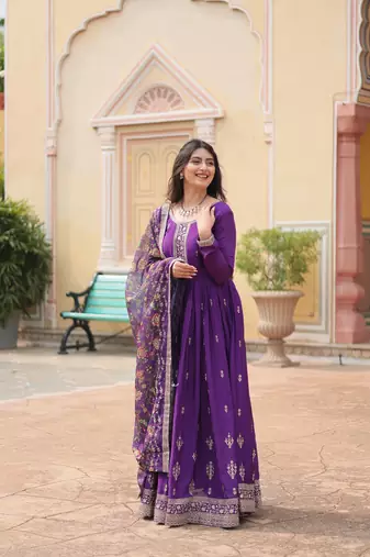 Purple chinon wedding ceremonial wear graceful zari embroidery gown with dupatta