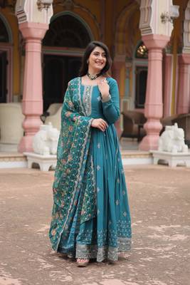 Rama chinon fabric wedding ceremonial wear graceful zari embroidery work girlie gown with dupatta 3