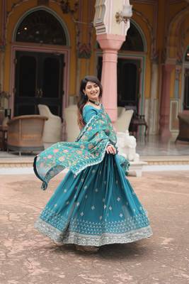 Rama chinon fabric wedding ceremonial wear graceful zari embroidery work girlie gown with dupatta 4