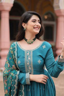 Rama chinon fabric wedding ceremonial wear graceful zari embroidery work girlie gown with dupatta 5