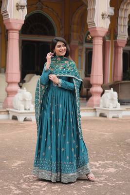 Rama chinon fabric wedding ceremonial wear graceful zari embroidery work girlie gown with dupatta 1