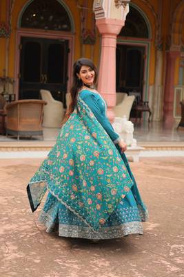Rama chinon fabric wedding ceremonial wear graceful zari embroidery work girlie gown with dupatta 6