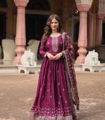 Wine chinon fabric wedding ceremonial wear graceful zari embroidery work girlie gown with dupatta