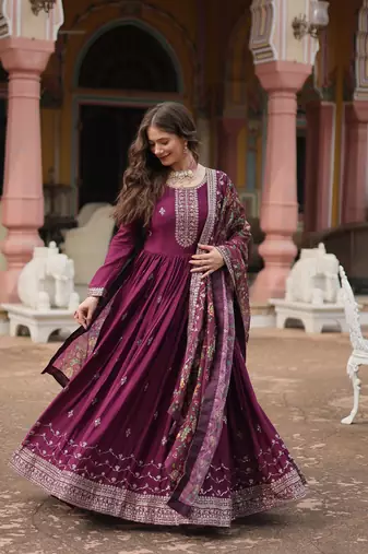Wine chinon wedding ceremonial wear graceful zari embroidery gown with dupatta