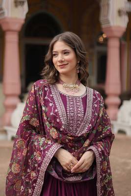Wine chinon wedding ceremonial wear graceful zari embroidery gown with dupatta 4