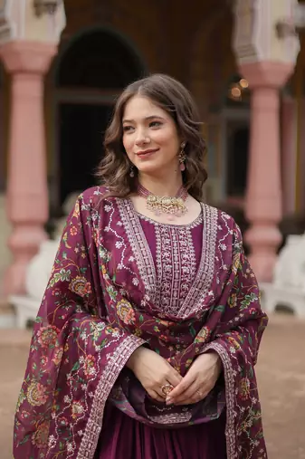 Wine chinon wedding ceremonial wear graceful zari embroidery gown with dupatta