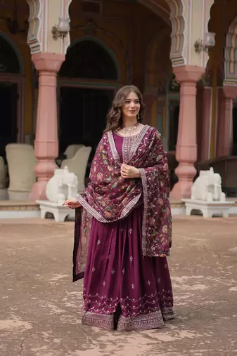Wine chinon wedding ceremonial wear graceful zari embroidery gown with dupatta