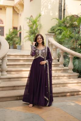 Wine faux georgette designer sequance embroidery work graceful ethnic wedding reception and partywear gown with dupatta 1