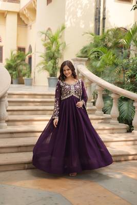 Wine faux georgette designer sequance embroidery work graceful ethnic wedding reception and partywear gown with dupatta 2