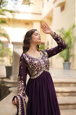 Wine faux georgette designer sequance embroidery work graceful ethnic wedding reception and partywear gown with dupatta 3
