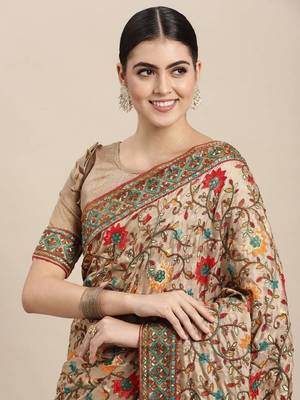 Art silk saree with kashmiri work with embroidered border with blouse 3