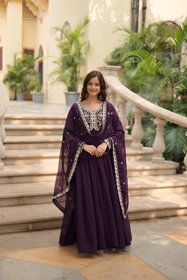 Wine faux georgette designer sequance embroidery work graceful ethnic wedding reception and partywear gown with dupatta 4