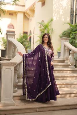 Wine faux georgette designer sequance embroidery work graceful ethnic wedding reception and partywear gown with dupatta 5