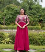 Pink faux georgette ethnic and ceremonial jari and sequance embroidery work wedding reception gown