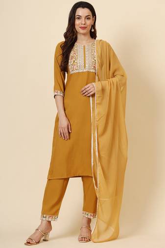 Mustard cotton designer embroidery work heavy looks graceful partywear ethnic salwar kameez