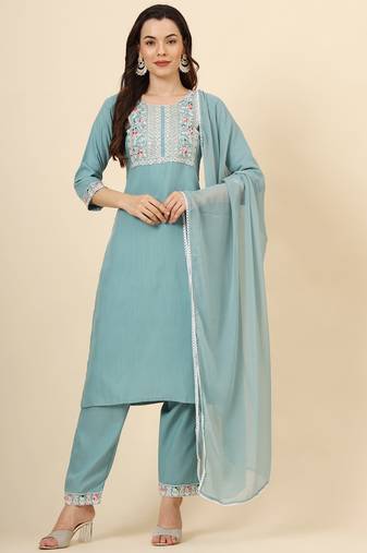 Blue cotton designer embroidery work heavy looks graceful partywear ethnic salwar kameez