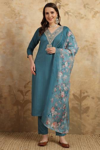 Blue viscose rayon trendy partywear fashion style festive salwar kameez with designer embroidery work and printed