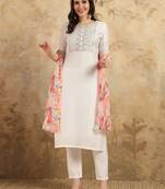 White chanderi trendy partywear fashion style festive salwar kameez with designer embroidery work and printed