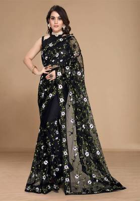 Soft net floral embroidered saree with embroidered border with blouse 1