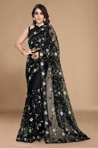 Soft net floral embroidered saree with embroidered border with blouse