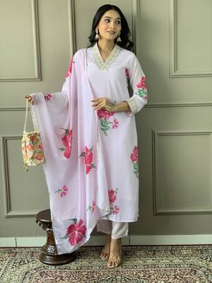 Lavender french crepe trendy partywear fashion style festive salwar kameez with embroidery work and printed 1