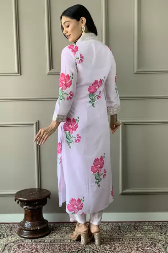Lavender french crepe trendy partywear fashion style festive salwar kameez with embroidery work and printed