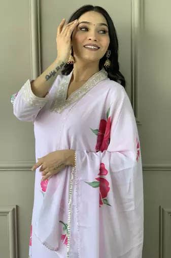 Lavender french crepe trendy partywear fashion style festive salwar kameez with embroidery work and printed