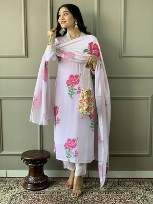 Lavender french crepe trendy partywear fashion style festive salwar kameez with embroidery work and printed 4