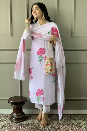 Lavender french crepe trendy partywear fashion style festive salwar kameez with embroidery work and printed