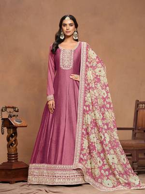 Pink art silk graceful anarkali dress with beautiful print and elegant embroidery work 1