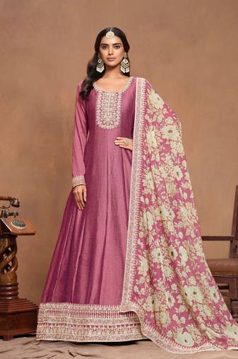 Pink art silk graceful anarkali dress with beautiful designer print and elegant embroidery work