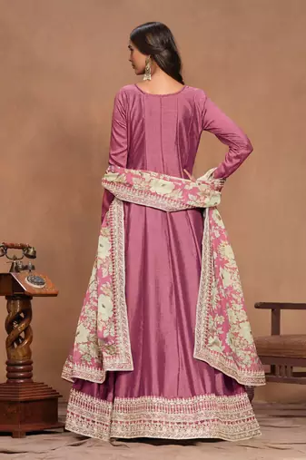 Pink art silk graceful anarkali dress with beautiful print and elegant embroidery work