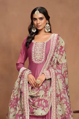 Pink art silk graceful anarkali dress with beautiful print and elegant embroidery work