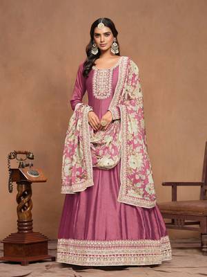 Pink art silk graceful anarkali dress with beautiful print and elegant embroidery work 4