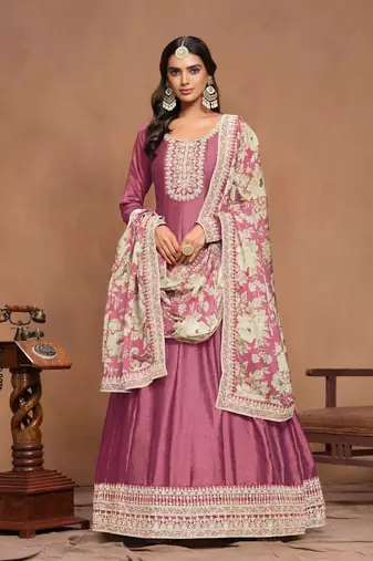 Pink art silk graceful anarkali dress with beautiful print and elegant embroidery work