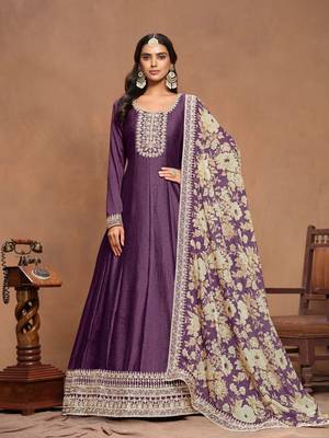 Lavender art silk graceful anarkali dress with beautiful print and elegant embroidery work 1