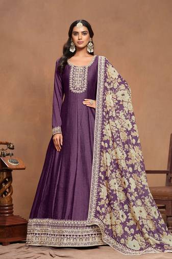 Lavender art silk graceful anarkali dress with beautiful designer print and elegant embroidery work