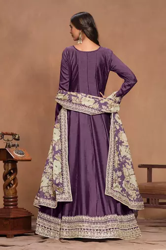 Lavender art silk graceful anarkali dress with beautiful print and elegant embroidery work