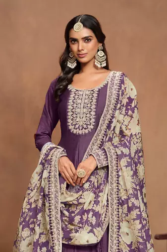 Lavender art silk graceful anarkali dress with beautiful print and elegant embroidery work