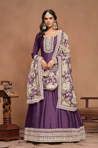 Lavender art silk graceful anarkali dress with beautiful print and elegant embroidery work