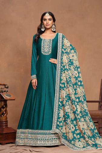 Rama art silk graceful anarkali dress with beautiful designer print and elegant embroidery work