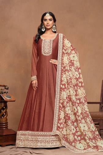 Brown art silk graceful anarkali dress with beautiful designer print and elegant embroidery work